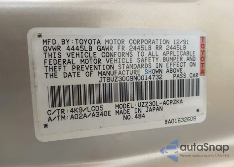 1992 Lexus Sc 400 из США, поврежденный, VIN JT8UZ30C9N0014732